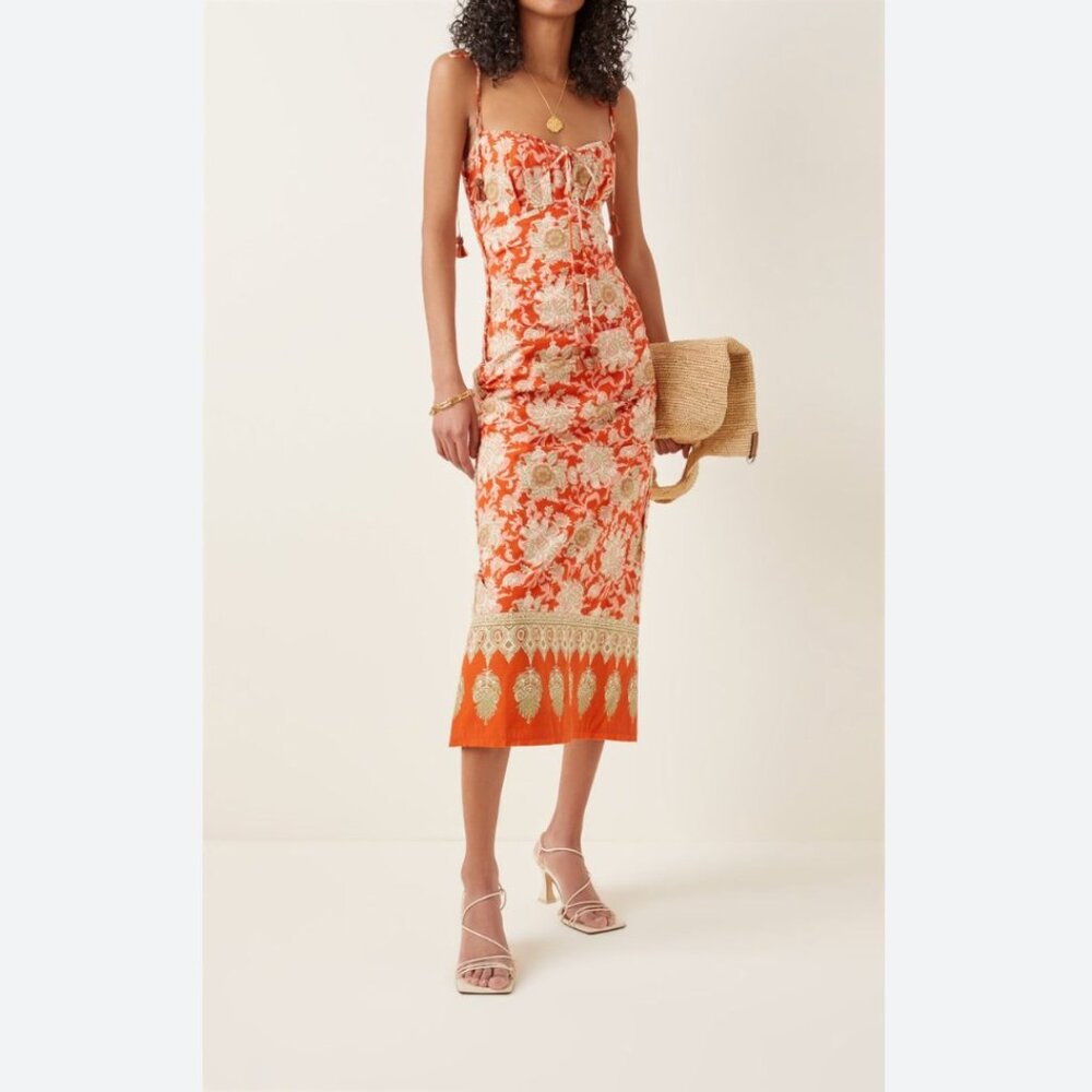 Johanna Ortiz Orange and Cream Floral Midi Dress